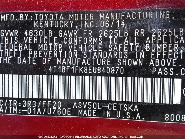 4T1BF1FK8EU840870 - 2014 TOYOTA CAMRY L/SE/LE/XLE Qırmızı foto 9