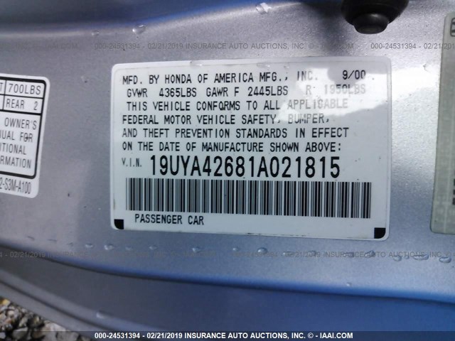 19UYA42681A021815 - 2001 ACURA 3.2CL TYPE-S SILVER photo 9