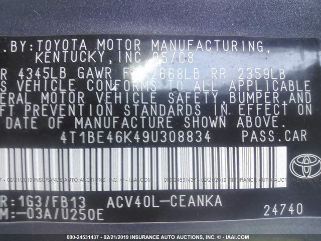 4T1BE46K49U308834 - 2009 TOYOTA CAMRY SE/LE/XLE 灰色 照片 9