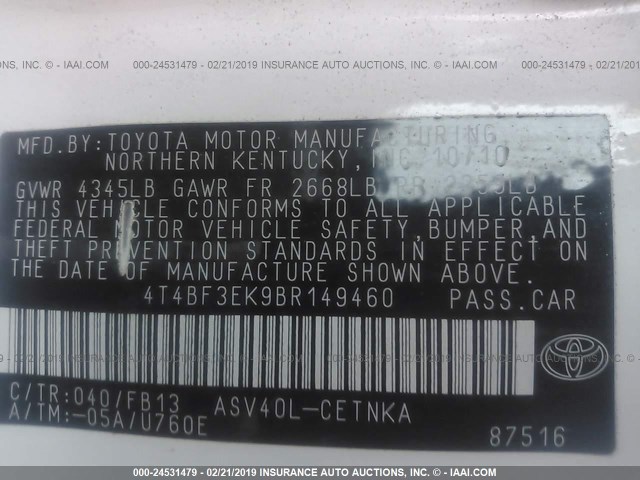 4T4BF3EK9BR149460 - 2011 TOYOTA CAMRY SE/LE/XLE 白色 照片 9