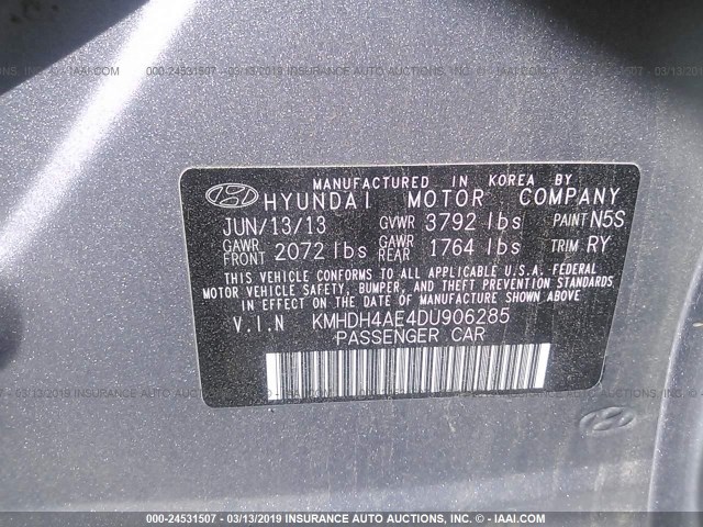 KMHDH4AE4DU906285 - 2013 HYUNDAI ELANTRA GLS/LIMITED SILVER photo 9