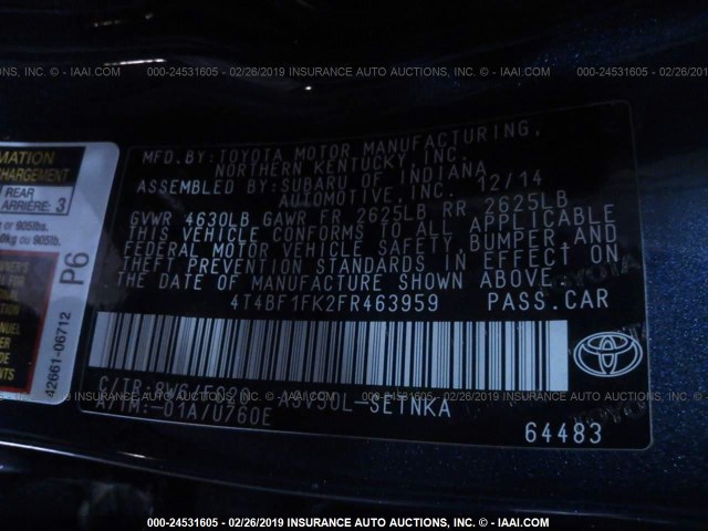 4T4BF1FK2FR463959 - 2015 TOYOTA CAMRY LE/XLE/SE/XSE Navy photo 9