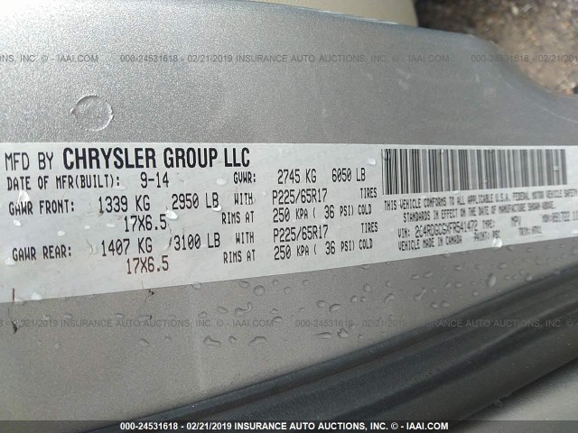 2C4RDGCGXFR541472 - 2015 DODGE GRAND CARAVAN SXT SILVER photo 9