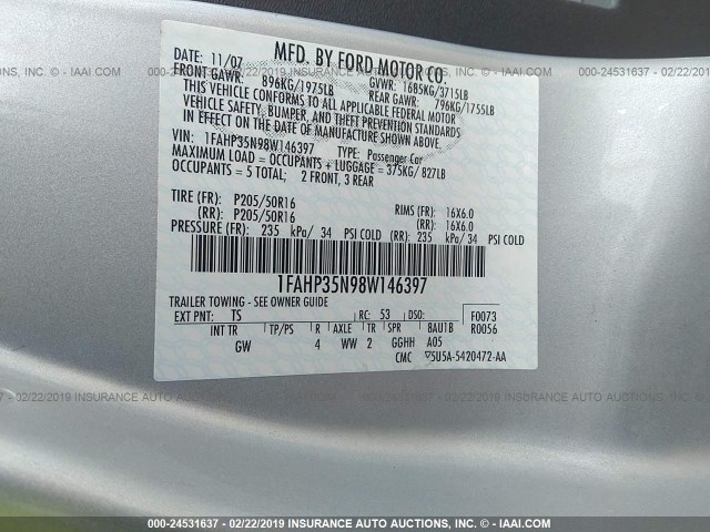 1FAHP35N98W146397 - 2008 FORD FOCUS SE/SEL/SES SILVER photo 9