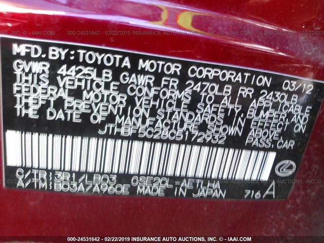 JTHBF5C28C5172932 - 2012 LEXUS IS 250 RED photo 9