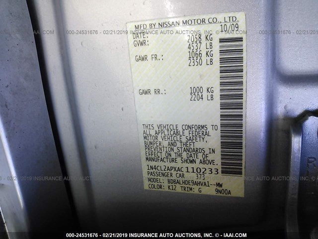 1N4CL2APXAC110233 - 2010 NISSAN ALTIMA HYBRID SILVER photo 9