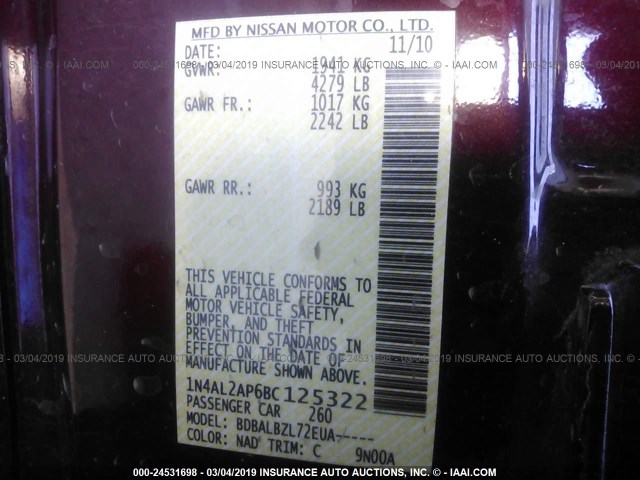 1N4AL2AP6BC125322 - 2011 NISSAN ALTIMA S MAROON photo 9