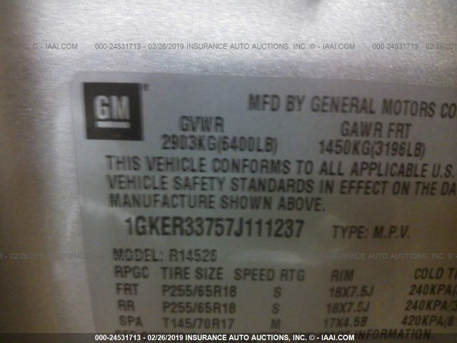 1GKER33757J111237 - 2007 GMC ACADIA SLT-2 SILVER photo 9