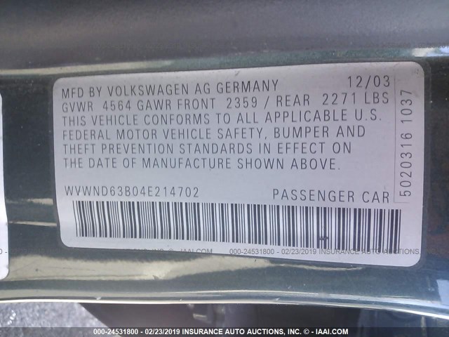 WVWND63B04E214702 - 2004 VOLKSWAGEN PASSAT GL GRAY photo 9