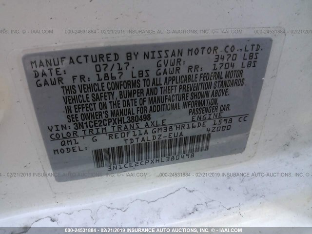 3N1CE2CPXHL380498 - 2017 NISSAN VERSA NOTE S/S PLUS/SV/SL/SR WHITE photo 9