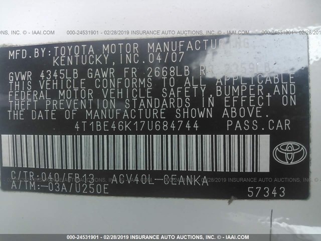 4T1BE46K17U684744 - 2007 TOYOTA CAMRY NEW GENERAT CE/LE/XLE/SE WHITE photo 9