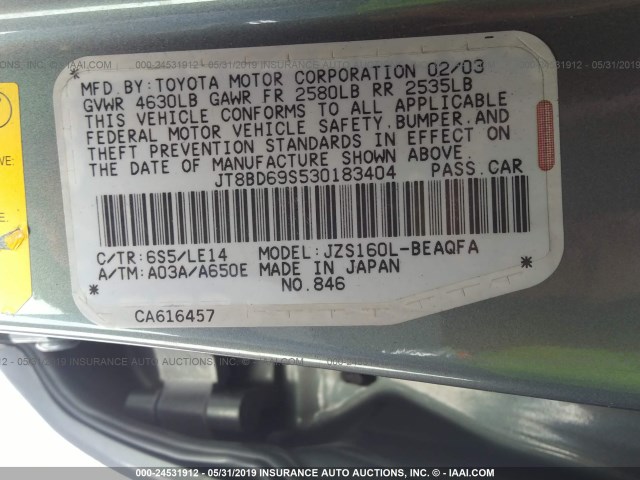 JT8BD69S530183404 - 2003 LEXUS GS 300 GRAY photo 9