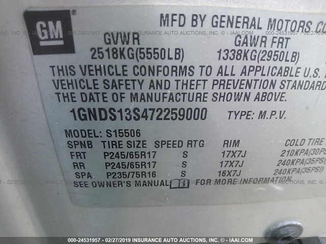 1GNDS13S472259000 - 2007 CHEVROLET TRAILBLAZER LS/LT SILVER photo 9