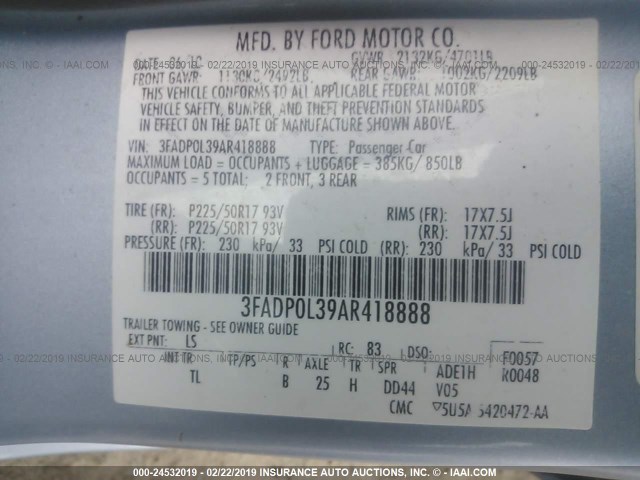 3FADP0L39AR418888 - 2010 FORD FUSION HYBRID BLUE photo 9