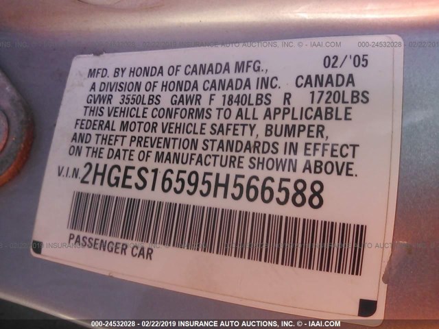 2HGES16595H566588 - 2005 HONDA CIVIC LX SILVER photo 9