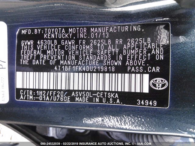 4T1BF1FK4DU219818 - 2013 TOYOTA CAMRY L/SE/LE/XLE 绿色 照片 9