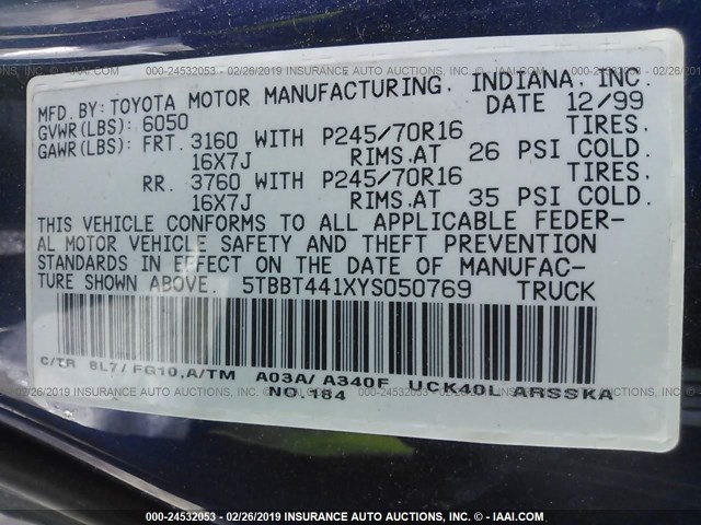 5TBBT441XYS050769 - 2000 TOYOTA TUNDRA ACCESS CAB/ACCESS CAB SR5 PURPLE photo 9