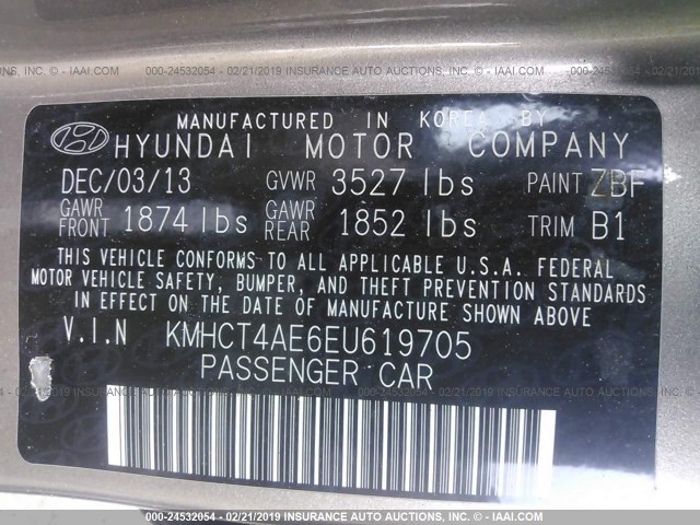 KMHCT4AE6EU619705 - 2014 HYUNDAI ACCENT GLS/GS GRAY photo 9