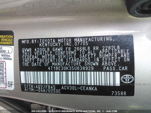 4T1BE30K35U638929 - 2005 TOYOTA CAMRY LE/XLE/SE GOLD photo 9