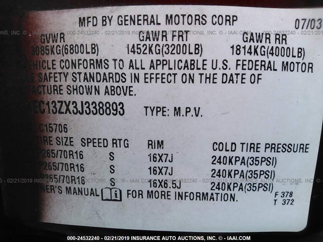 1GKEC13ZX3J338893 - 2003 GMC YUKON MAROON photo 9