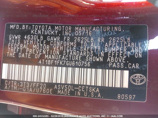 4T1BF1FK7GU610756 - 2016 TOYOTA CAMRY LE/XLE/SE/XSE წითელი ფოტო 9