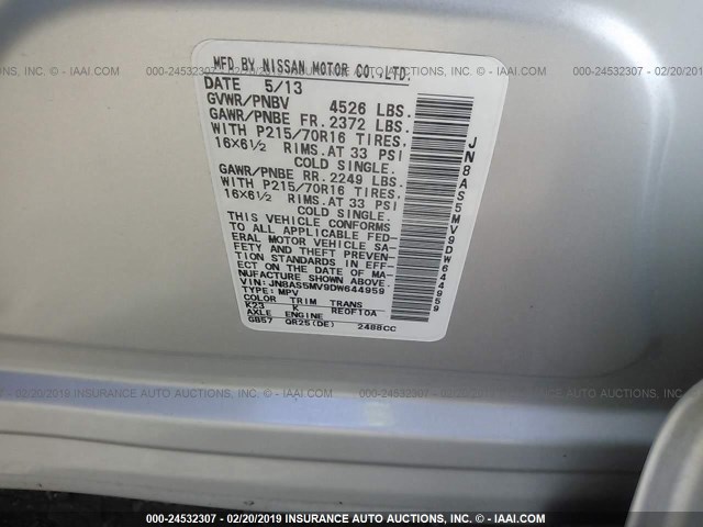 JN8AS5MV9DW644959 - 2013 NISSAN ROGUE S/SV GRAY photo 9