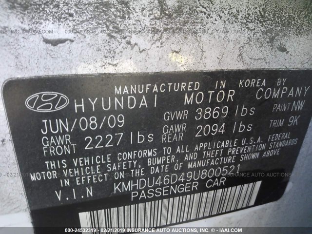 KMHDU46D49U800521 - 2009 HYUNDAI ELANTRA GLS/SE WHITE photo 9