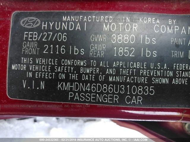 KMHDN46D86U310835 - 2006 HYUNDAI ELANTRA GLS/GT/LIMITED MAROON photo 9