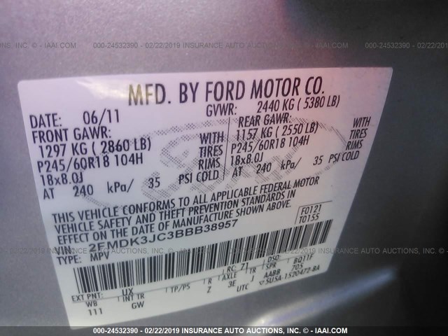 2FMDK3JC3BBB38957 - 2011 FORD EDGE SEL SILVER photo 9