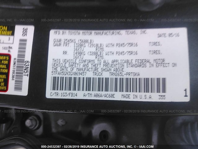 5TFAX5GN3GX069457 - 2016 TOYOTA Tacoma DOUBLE CAB/SR/SR5 BLACK photo 9