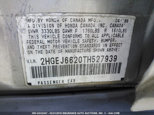 2HGEJ6620TH527939 - 1996 HONDA CIVIC DX SILVER photo 9