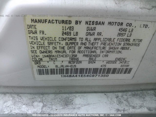 1N4BA41E54C871350 - 2004 NISSAN MAXIMA SE/SL WHITE photo 9