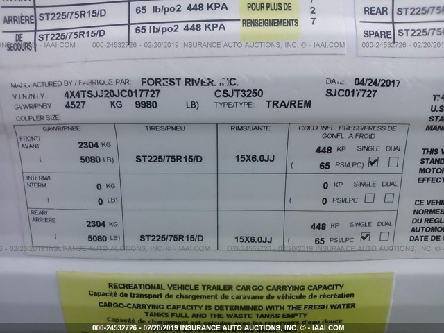 4X4TSJJ20JC017727 - 2018 FOREST RIVER OTHER  WHITE photo 9