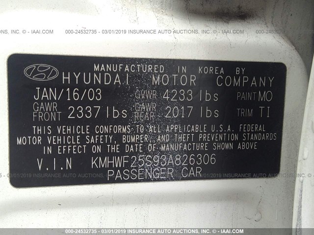 KMHWF25S93A826306 - 2003 HYUNDAI SONATA GL WHITE photo 9