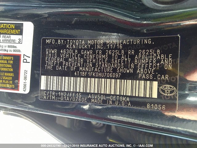 4T1BF1FK0HU706097 - 2017 TOYOTA CAMRY LE/XLE/SE/XSE მუქი ლურჯი ფოტო 9