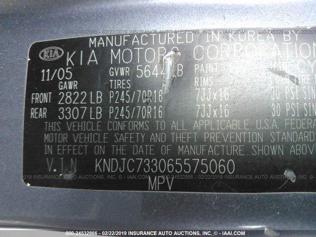 KNDJC733065575060 - 2006 KIA SORENTO EX/LX GRAY photo 9