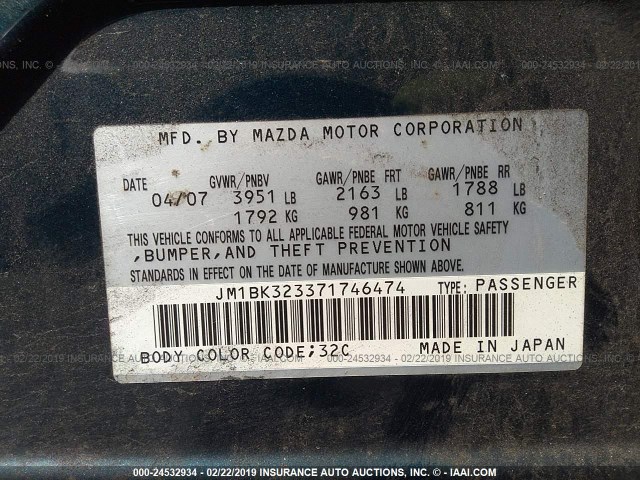 JM1BK323371746474 - 2007 MAZDA 3 S BLUE photo 9