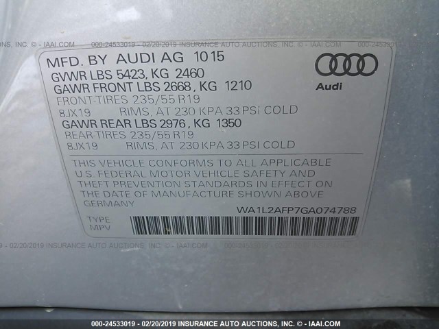 WA1L2AFP7GA074788 - 2016 AUDI Q5 PREMIUM PLUS SILVER photo 9