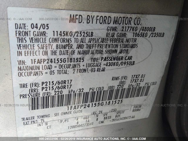 1FAFP24155G181525 - 2005 FORD FIVE HUNDRED SEL SILVER photo 9