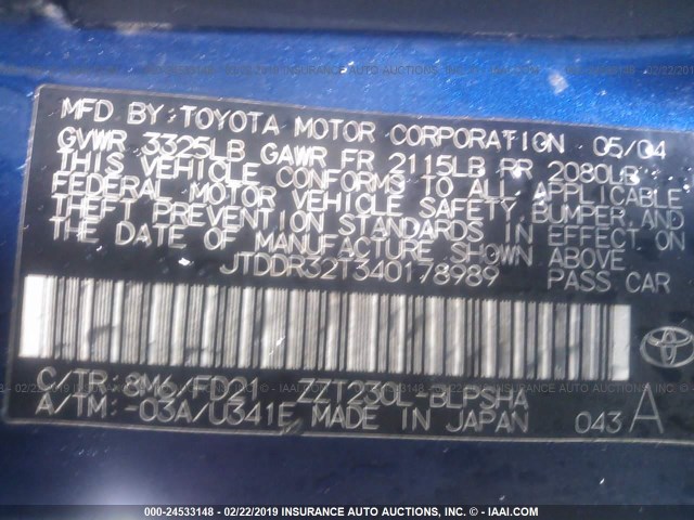 JTDDR32T340178989 - 2004 TOYOTA CELICA GT BLUE photo 9