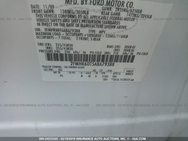 2FMHK6DT5ABA79388 - 2010 FORD FLEX LIMITED WHITE photo 9