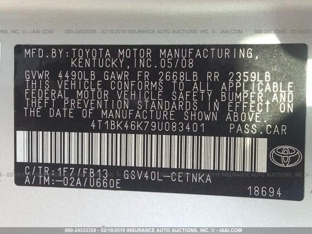 4T1BK46K79U083401 - 2009 TOYOTA CAMRY SE/LE/XLE SILVER photo 9