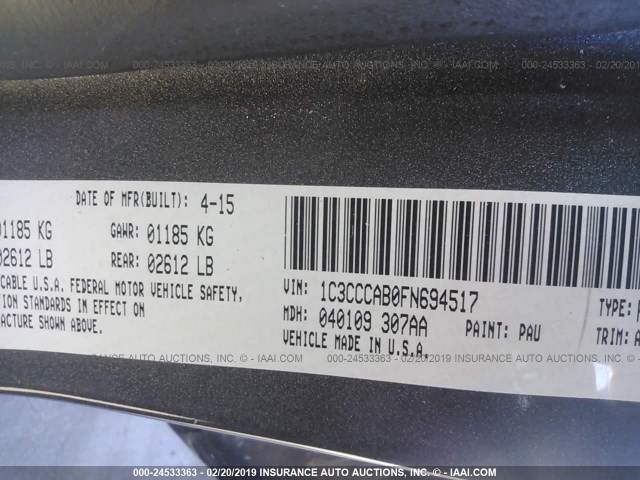 1C3CCCAB0FN694517 - 2015 CHRYSLER 200 LIMITED GRAY photo 9