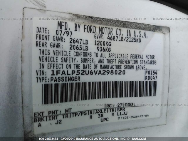 1FALP52U6VA298020 - 1997 FORD TAURUS GL WHITE photo 9