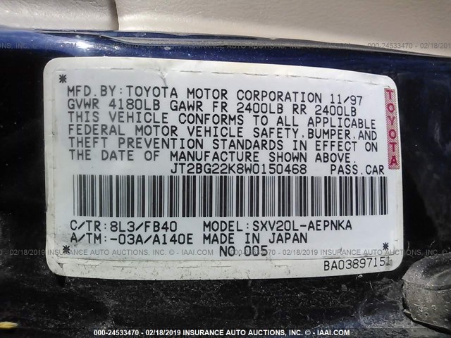 JT2BG22K8W0150468 - 1998 TOYOTA CAMRY CE/LE/XLE BLUE photo 9