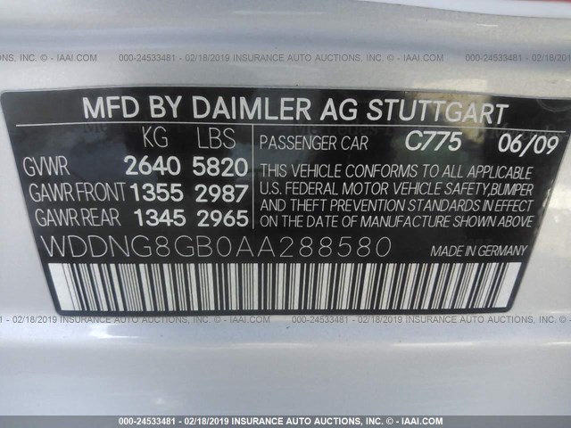 WDDNG8GB0AA288580 - 2010 MERCEDES-BENZ S 550 4MATIC SILVER photo 9