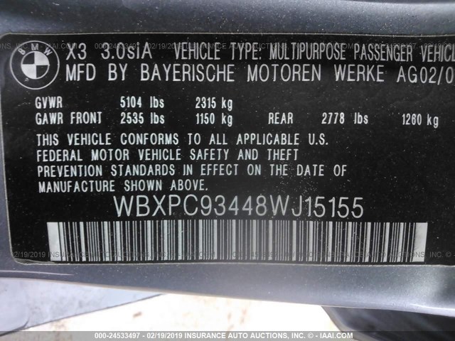 WBXPC93448WJ15155 - 2008 BMW X3 3.0SI GRAY photo 9