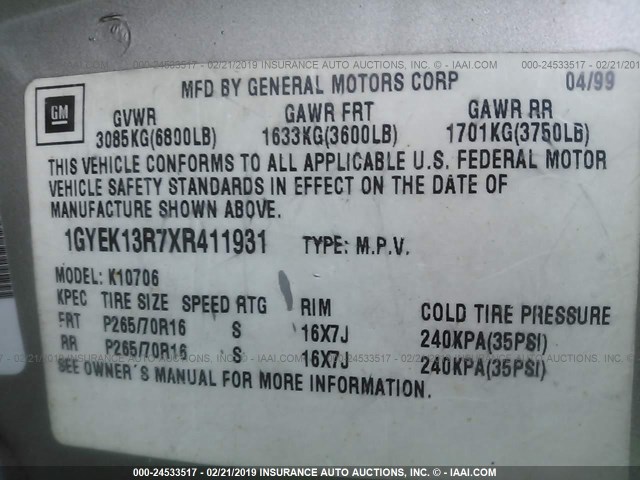 1GYEK13R7XR411931 - 1999 CADILLAC ESCALADE GRAY photo 9