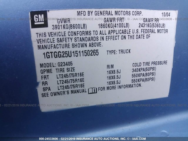 1GTGG25U151150265 - 2005 GMC SAVANA G2500 BLUE photo 9