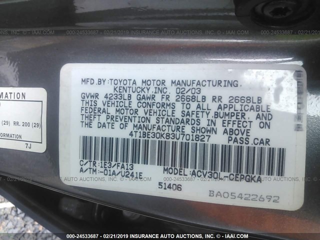 4T1BE30K83U701827 - 2003 TOYOTA CAMRY LE/XLE/SE GRAY photo 9